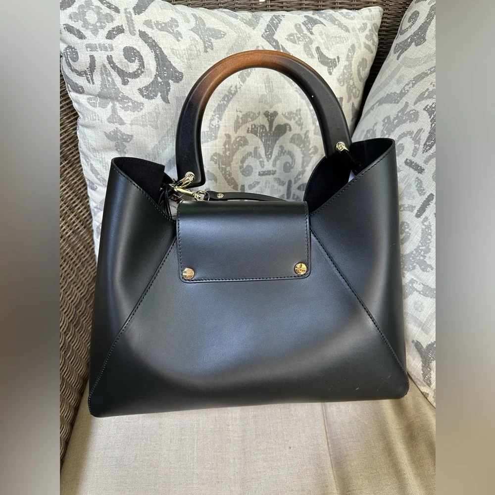 New Claudia Firenze Chic Black Leather tote with shoulder strap  Gold Accent